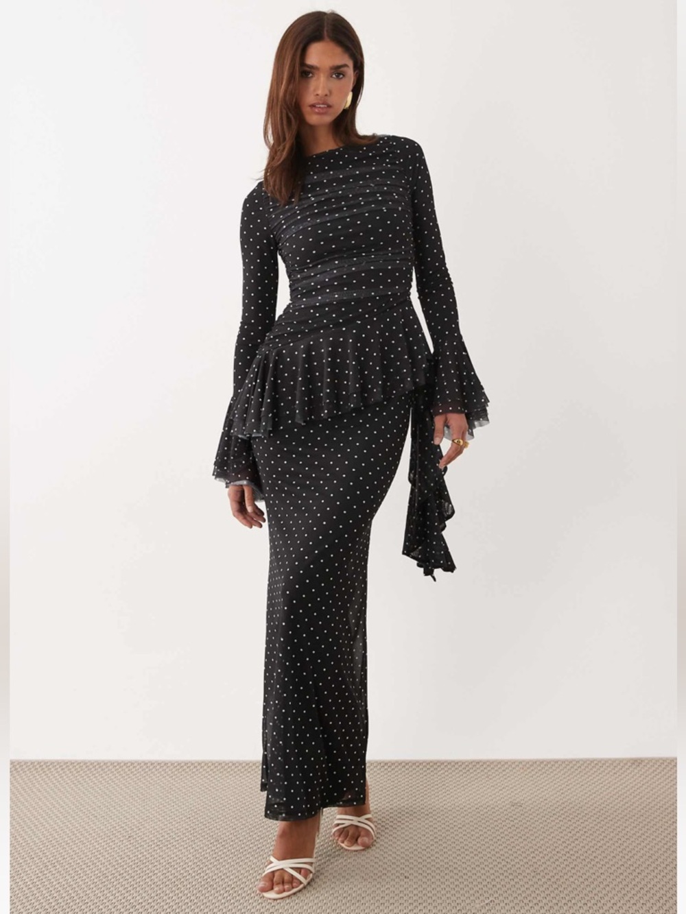 ASOS Mesh Maxi Dress with Ruching and Frill Details in polka dot print